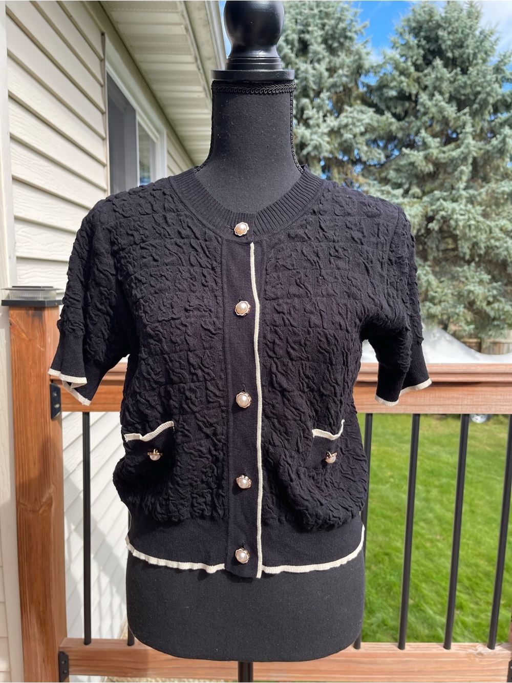 Cardigan Short Sleeve Sweater Medium Black Knit Cottage Faux Pearl Buttons